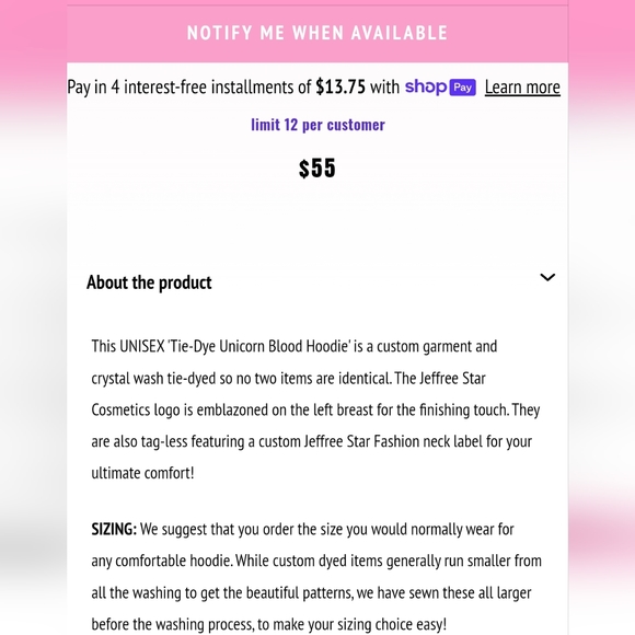 Tie-Dye Unicorn Blood Hoodie Medium Jeffree Star - Picture 4 of 4